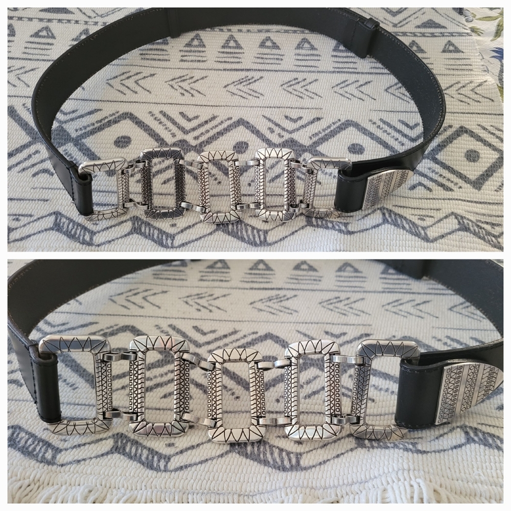 Chico's Chunky Silver Statement Buckle Leather Be… - image 1